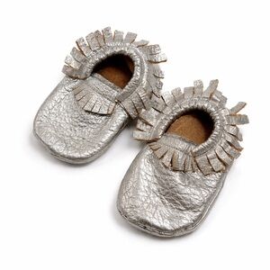 Baby Silver Leather Moccasins with Fringe